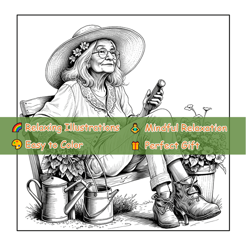 Senior Gardener Coloring Book - Relaxing Scene with Elderly Woman and Flowers