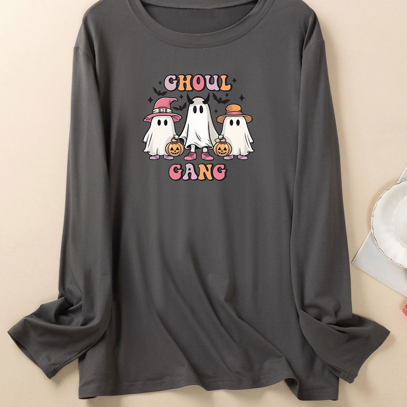 Halloween Lounge Top Womens Plus Ghost & Letter Print Long Sleeve