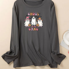 Halloween Lounge Top Womens Plus Ghost & Letter Print Long Sleeve