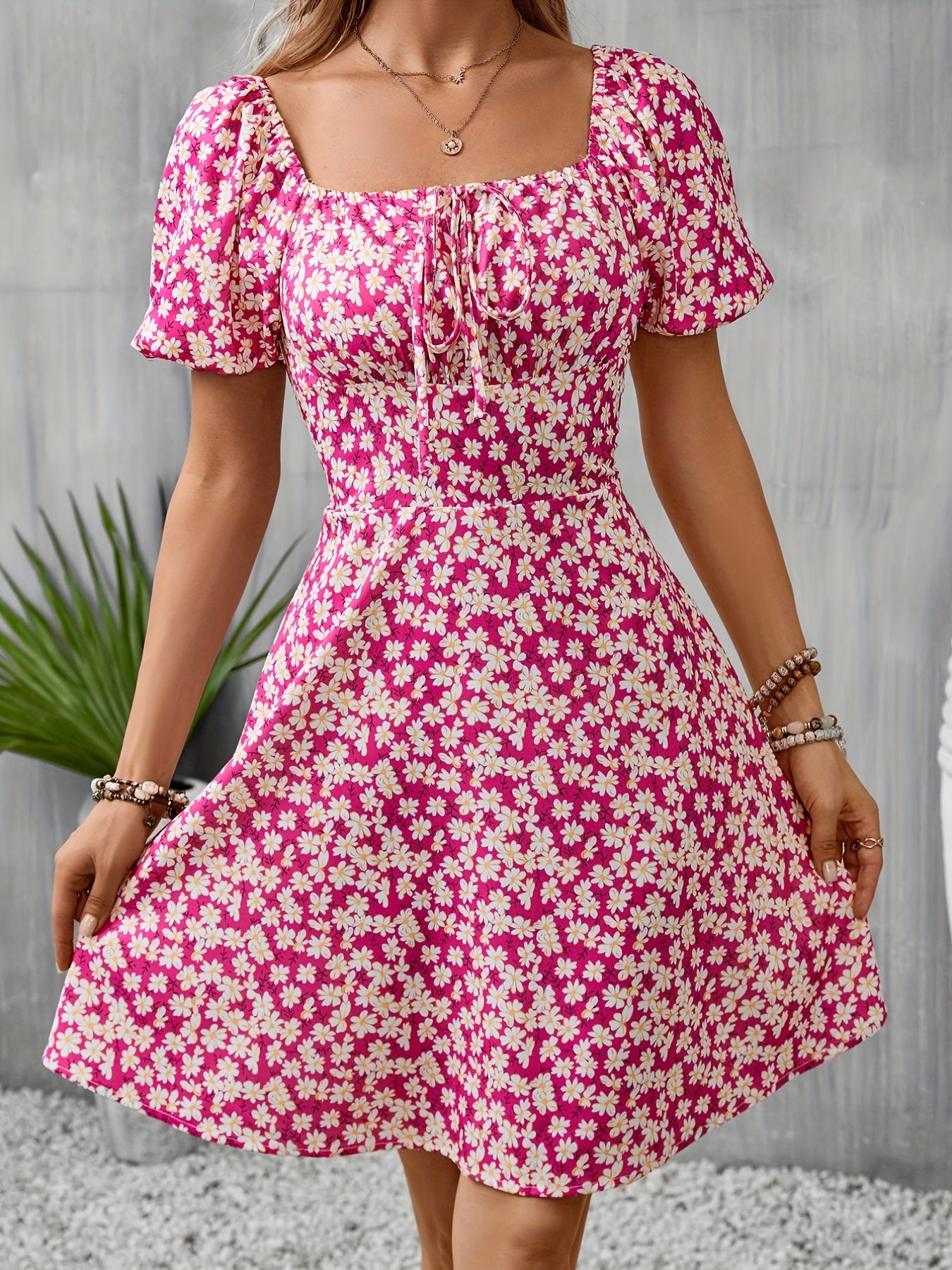 Floral Print Square Neck Dress Short Sleeve Spring Summer Women's Clothing