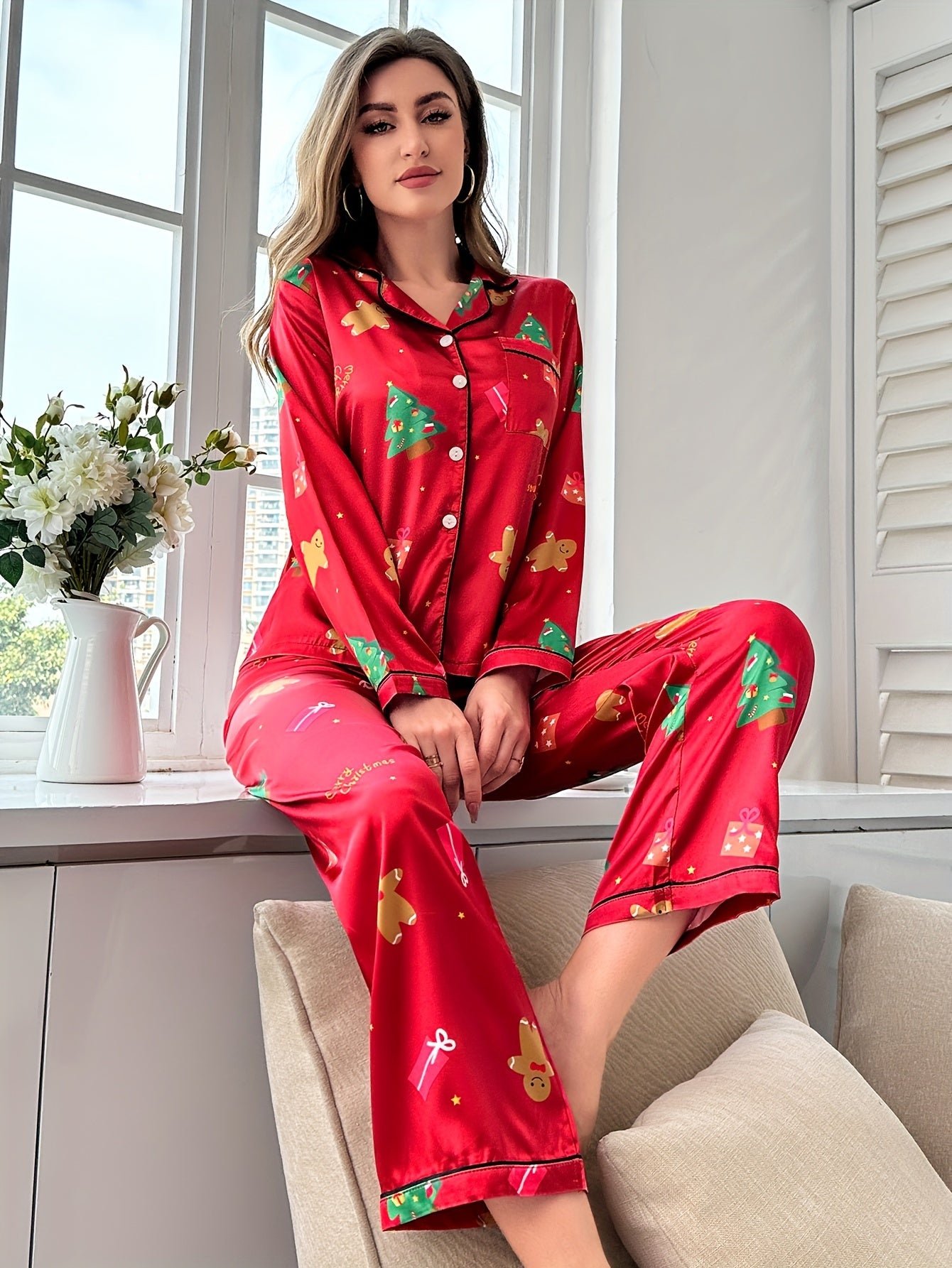 Christmas Print Pajama Set Long Sleeve Top & Elastic Pants Women's Sleepwear