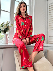 Christmas Print Pajama Set Long Sleeve Top & Elastic Pants Women's Sleepwear