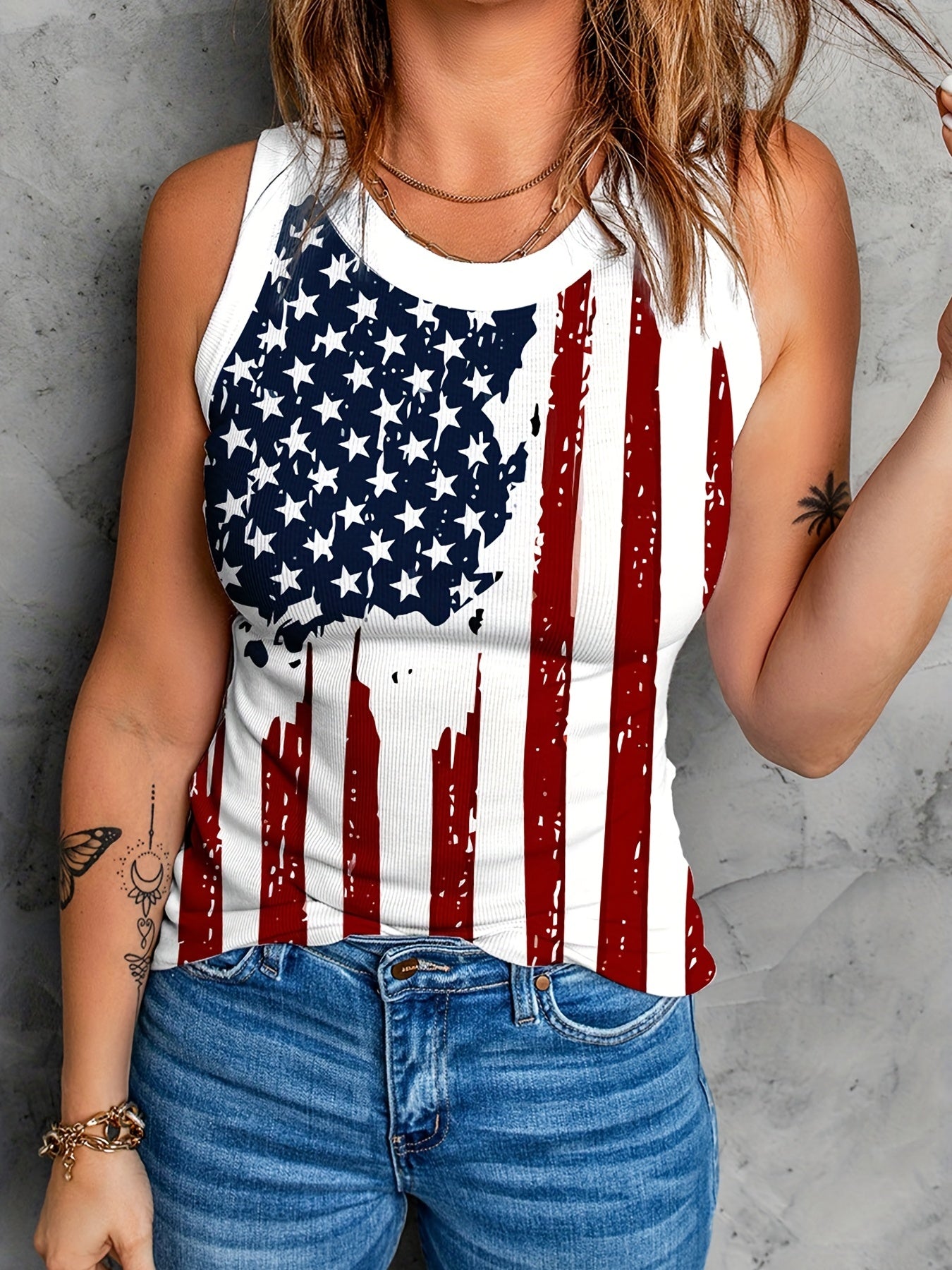 American Flag Print Tank Top Casual Contrast Trim Crew Neck Tank Top
