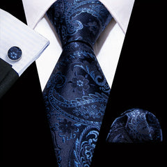 Barry Wang Men's Tie Paisley Set Dark Jacquard Pocket Square Cufflinks