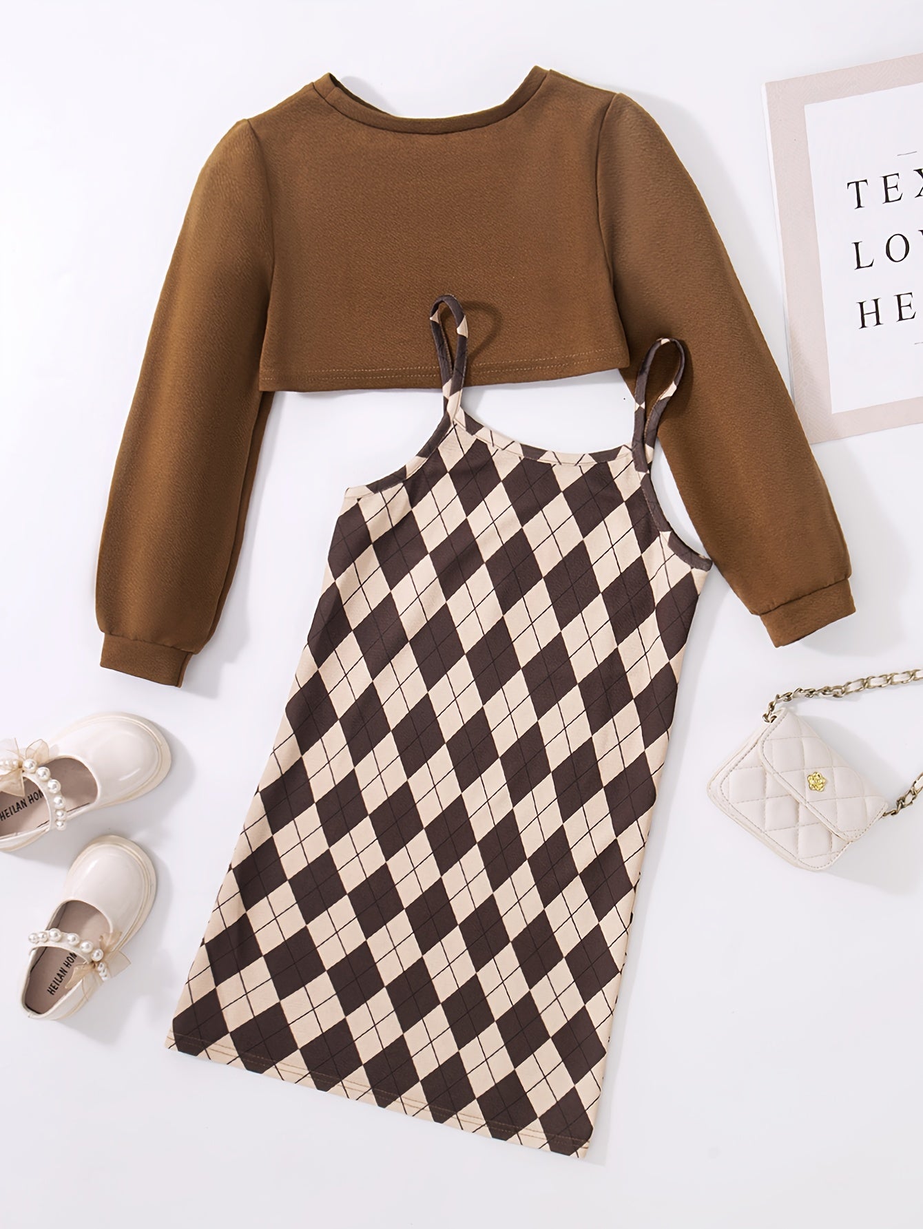 Girl's Plaid Sundress & Crop Sweatshirt Set for Spring Autumn