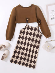 Girl's Plaid Sundress & Crop Sweatshirt Set for Spring Autumn