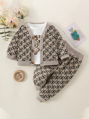 3pcs Baby Boy Bear Print Top & Geometric Cardigan & Matching Pants