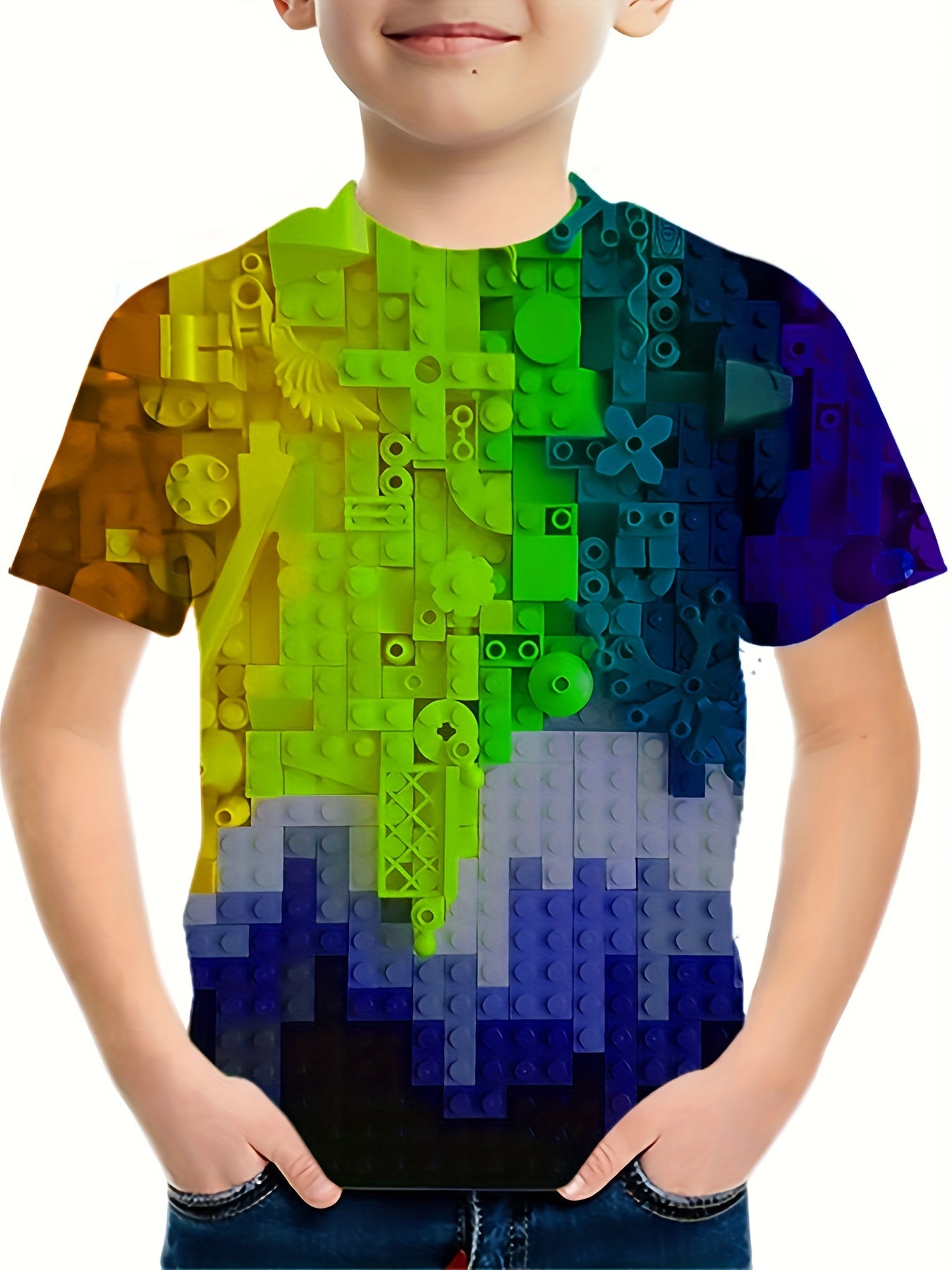 Boys' Gradient Blocks T Shirt Casual & Stretchy Tee For Summer Activities