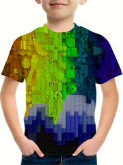 Boys' Gradient Blocks T Shirt Casual & Stretchy Tee For Summer Activities
