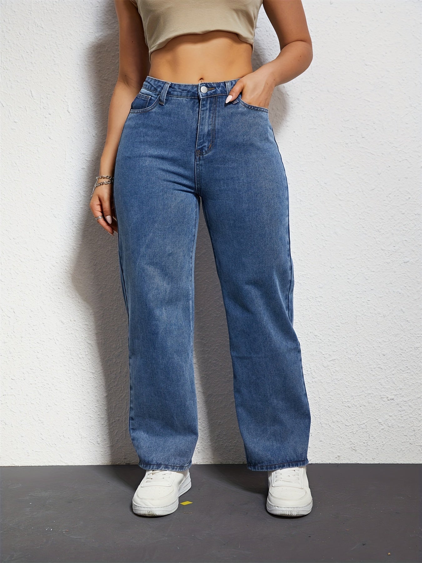 Wide Leg Straight Jeans Slash Pockets High Waist Denim Pants