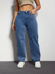 Wide Leg Straight Jeans Slash Pockets High Waist Denim Pants