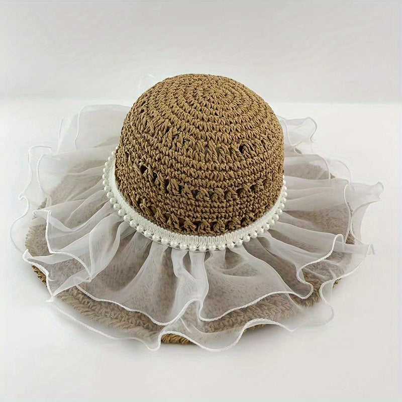 Ruffled Sun Hat Lace Straw Bucket Hat