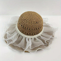 Ruffled Sun Hat Lace Straw Bucket Hat