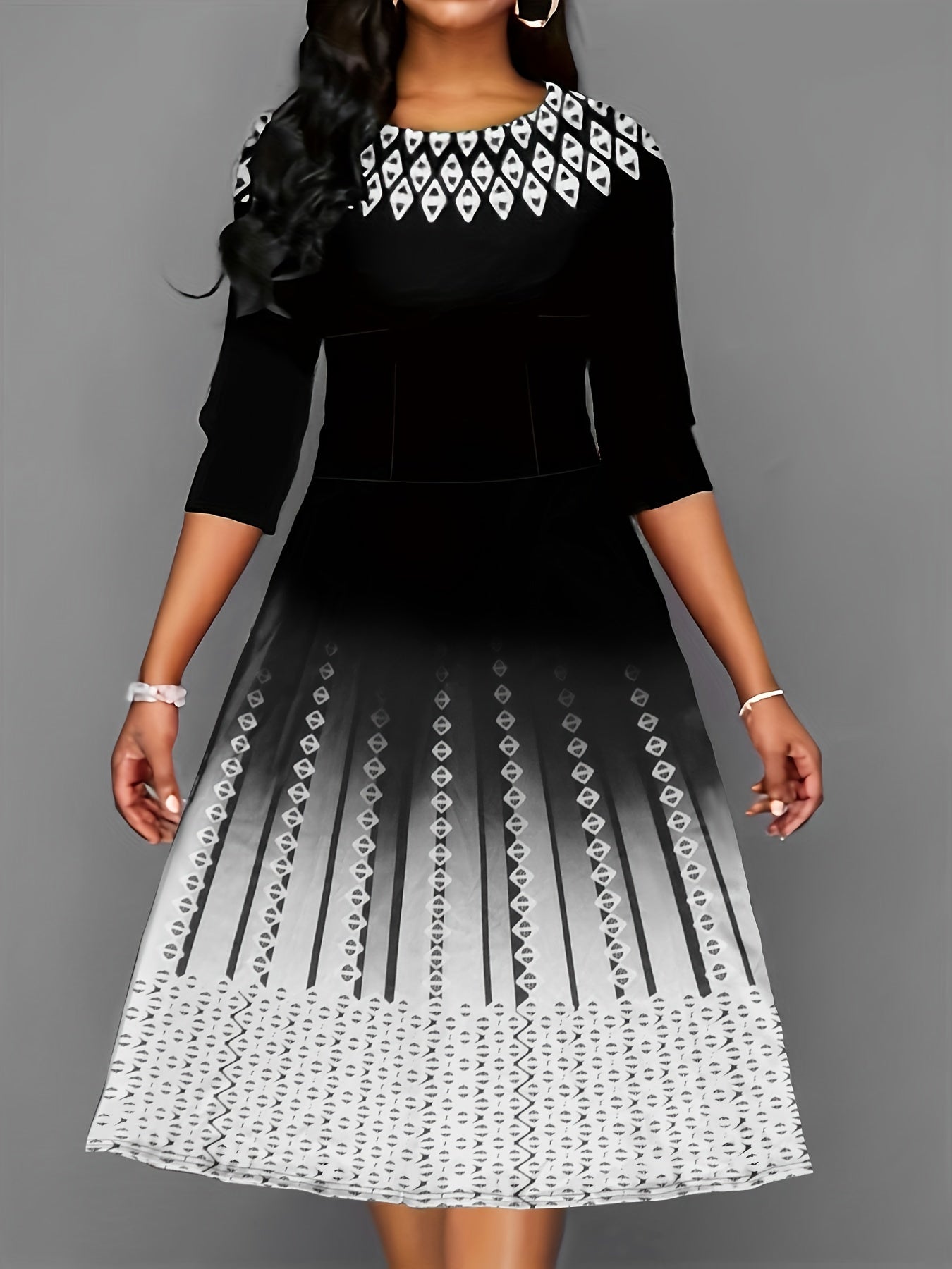 Argyle Print Block Dress Casual Crew Neck Midi Dress Women's Clothing