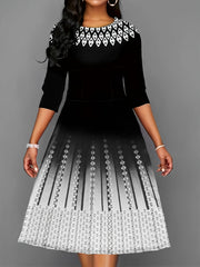 Argyle Print Block Dress Casual Crew Neck Midi Dress Women's Clothing