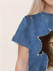 3D Cat Graphic Crew Neck Tee Girls Casual Pullover Top