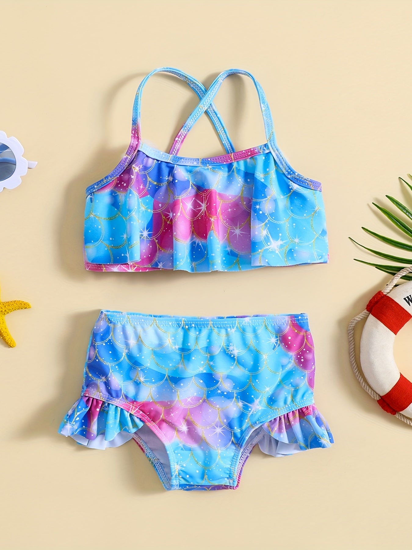 Girls Fish Scale Cami Top & Ruffled Shorts Swimsuit Set for Beach & Pool