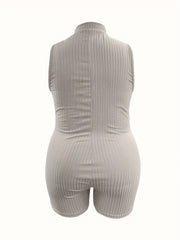 Solid Ribbed Zipper Mock Neck Skinny Romper