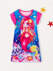 Anime Mermaid Print Sleeveless Ruffle Nightdress for Girls