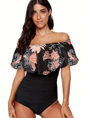 Floral Print Off Shoulder Ruffle Plus Size Swimsuit