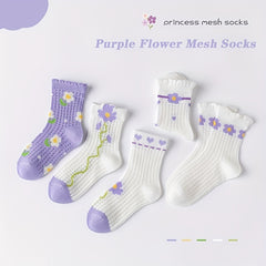 5 Pairs Girls Kids Lace Socks Flower Pattern Cotton Crew Socks 1-11 Years