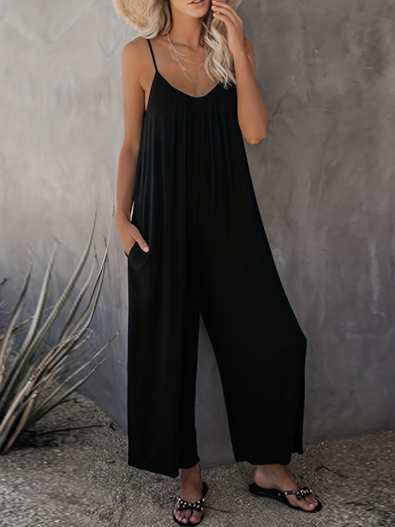 Boho Solid Loose Cami Jumpsuit Casual Crew Neck Wide Leg Mini Strap Jumpsuit