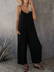 Boho Solid Loose Cami Jumpsuit Casual Crew Neck Wide Leg Mini Strap Jumpsuit