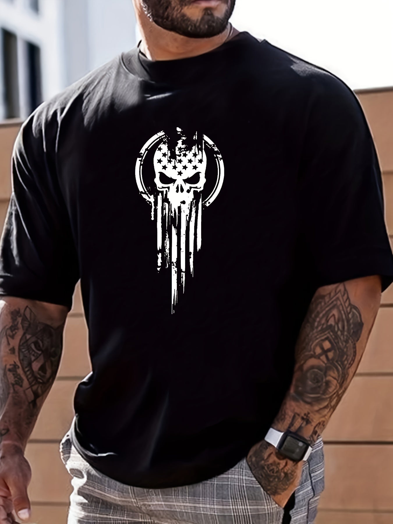 Skull Letter Print Men's Graphic Crew Neck T shirt