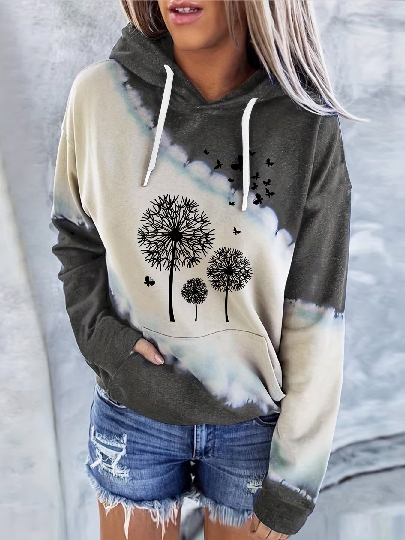 Dandelion Print Kangaroo Pocket Hoodie Long Sleeve Drawstring Hoodie Sweatshirt