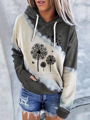 Dandelion Print Kangaroo Pocket Hoodie Long Sleeve Drawstring Hoodie Sweatshirt