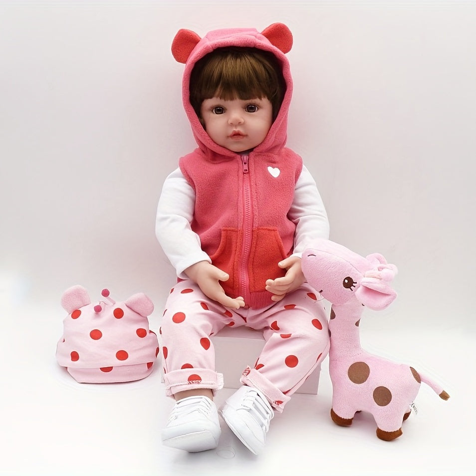19" 48cm Soft Vinyl Reborn Doll Baby Girl Hairwig Pink Clothes Plush Giraffe Toy