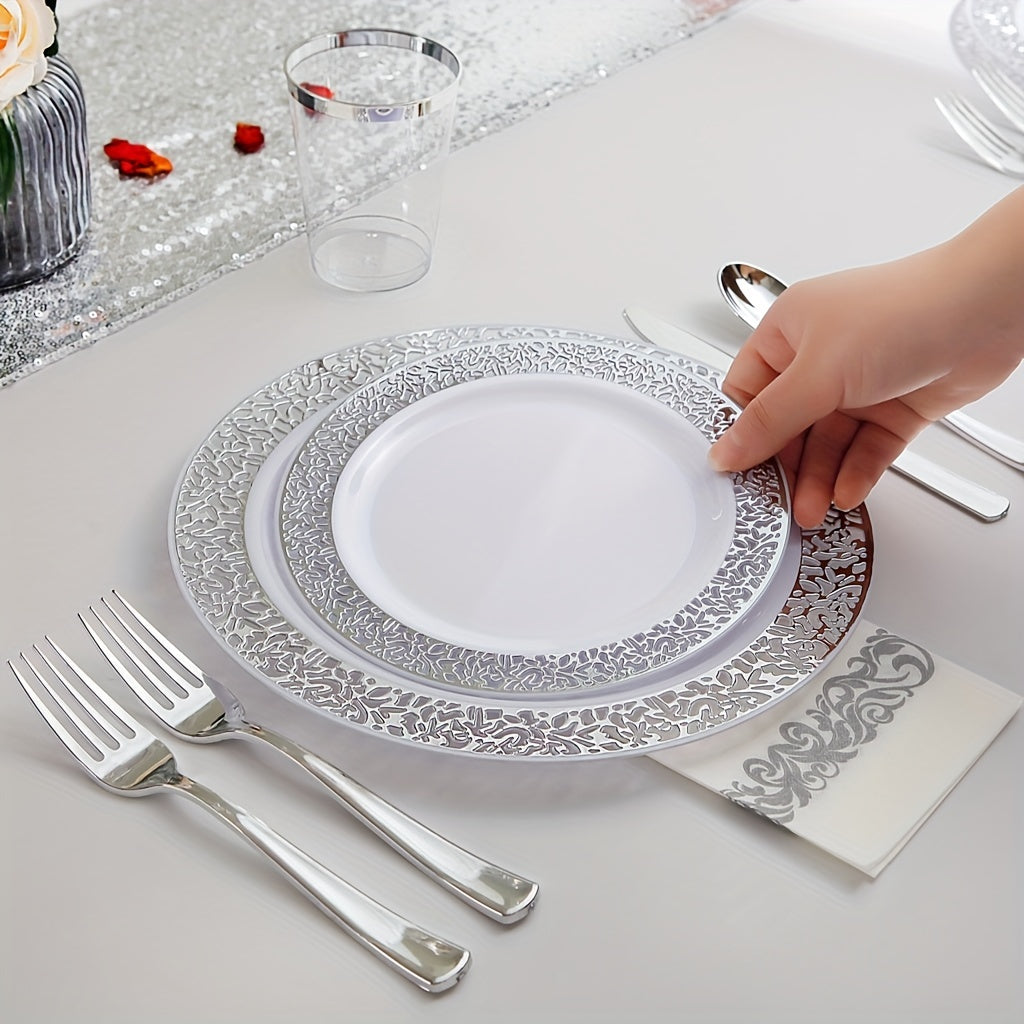 40-Piece Plastic Dinnerware Set with Silver Finish for Parties & Holidays