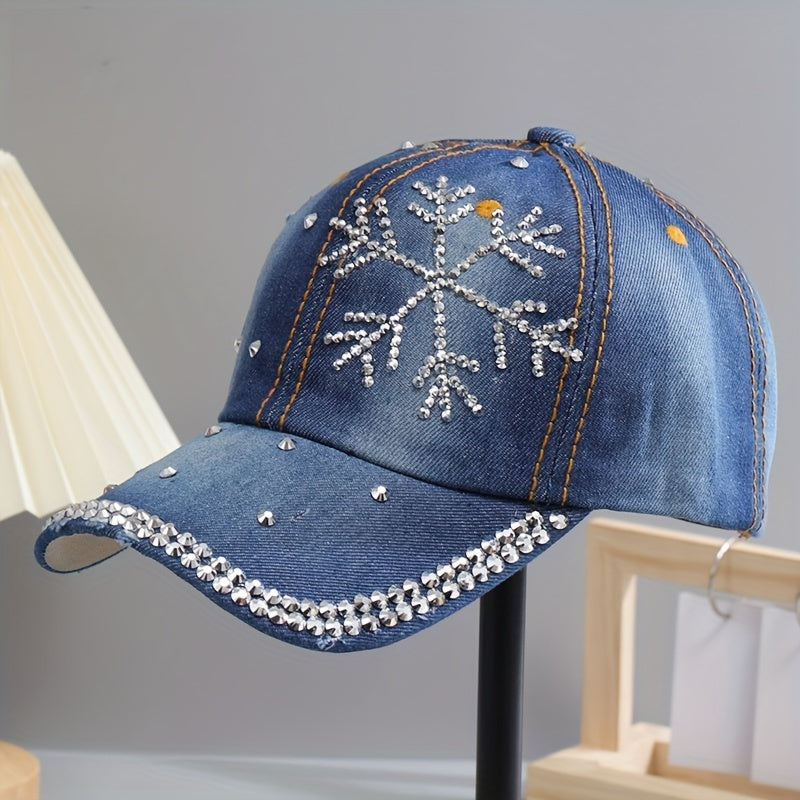 Snowflake Rhinestone Baseball Cap Distressed Denim Hat Y2K Sports Hat