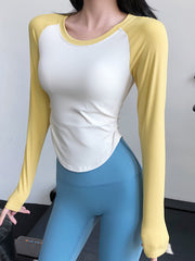 Pleated Sports Tee Long Sleeve Asymmetrical Running T Shirt