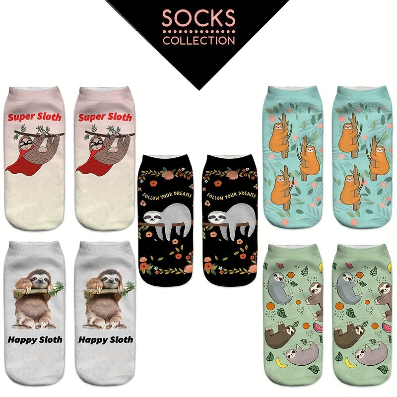 Cute Sloth Print Socks for Women 5-Pack Low Cut Stockings