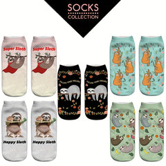 Cute Sloth Print Socks for Women 5-Pack Low Cut Stockings