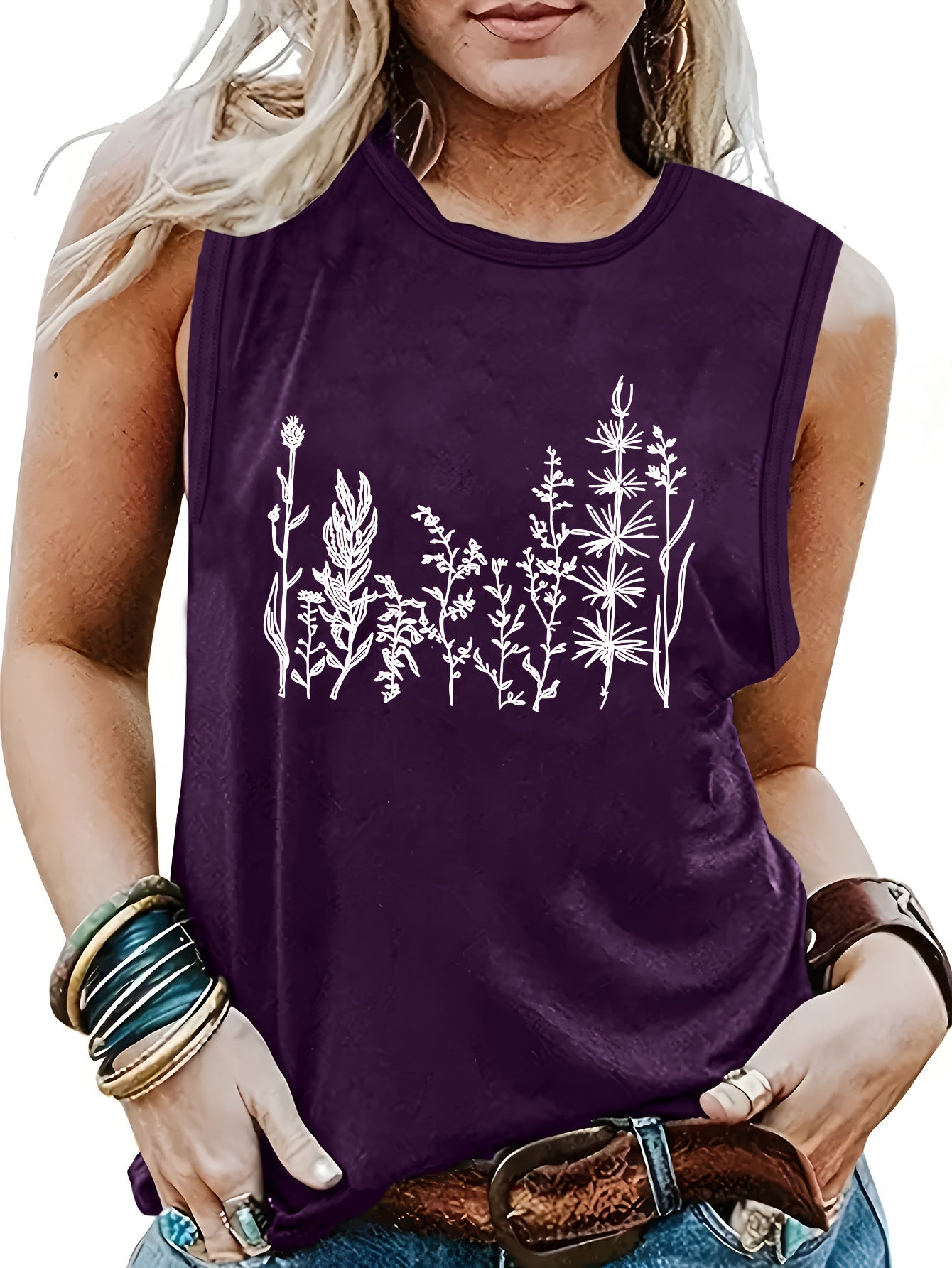 Plant Print Crew Neck Tank Top Summer Sleeveless Casual