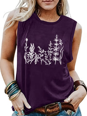 Plant Print Crew Neck Tank Top Summer Sleeveless Casual