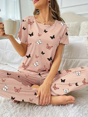 Butterfly Print Pajama Set Short Sleeve Crew Neck Top & Elastic Waistband Pants