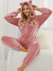 Fuzzy Hooded Pajama Jumpsuit Long Sleeve Zipper Pajamas