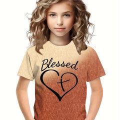 Girls Gradient Cross Heart Short Sleeve T shirt For Summer Party Gift