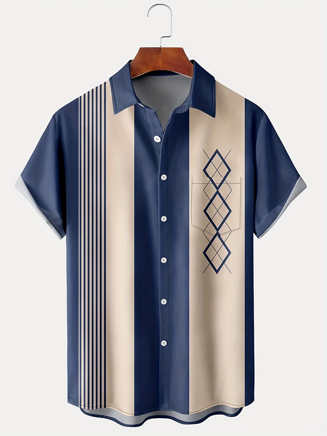 Vintage Geometric Print Men's Short Sleeve Shirt with Chest Pocket