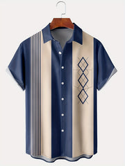 Vintage Geometric Print Men's Short Sleeve Shirt with Chest Pocket