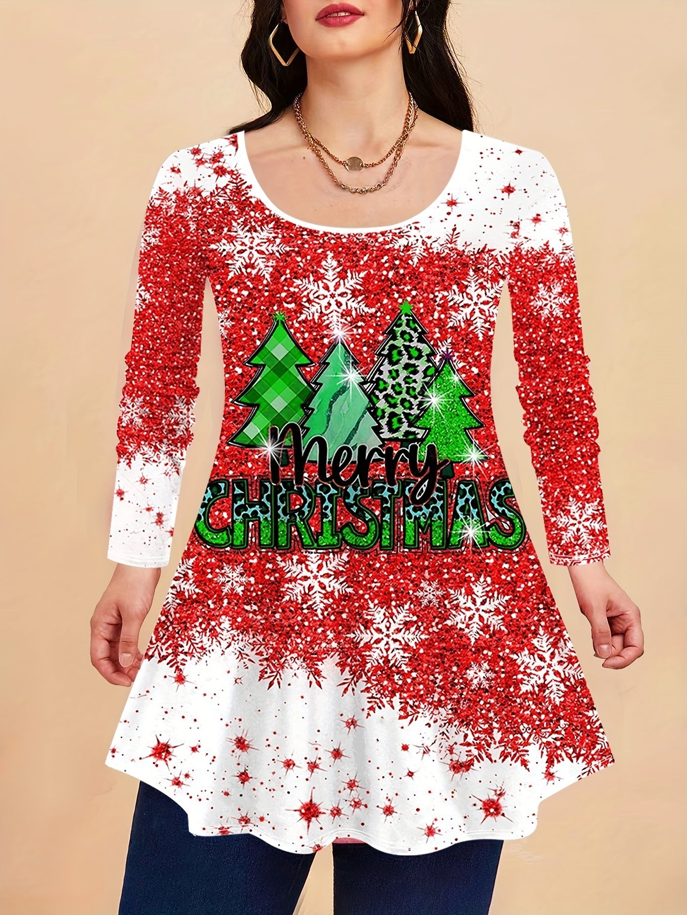 Women's Plus Christmas Tree & Snowflake Print Top & Leggings Set