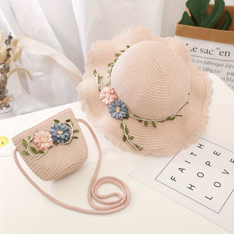 Girls Flowers Lace Trim Straw Hat & Bag Set UV Protection Sun Hat S