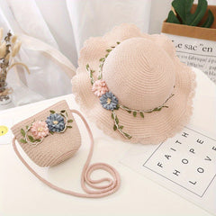Girls Flowers Lace Trim Straw Hat & Bag Set UV Protection Sun Hat S