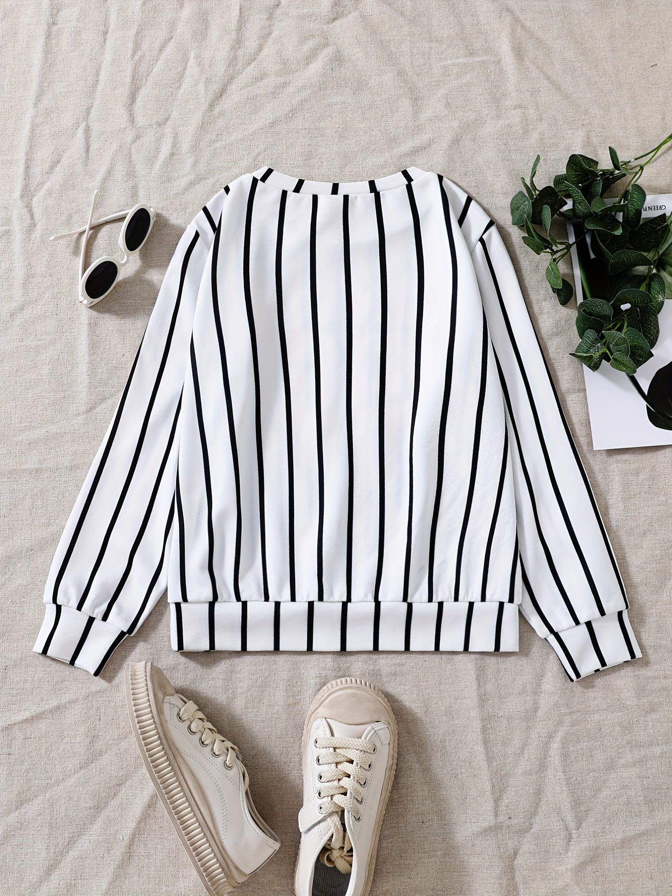 Girls Striped Team Number Crew Neck Sweatshirt For Sports Casual Outfit
