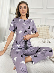 Heart Print Pajama Set Short Sleeve Crew Neck Top & Elastic Waistband Pants