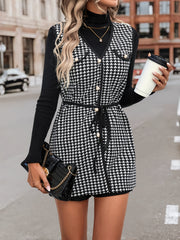 Houndstooth Beaded Button Belted Vest Sleeveless Overcoat
