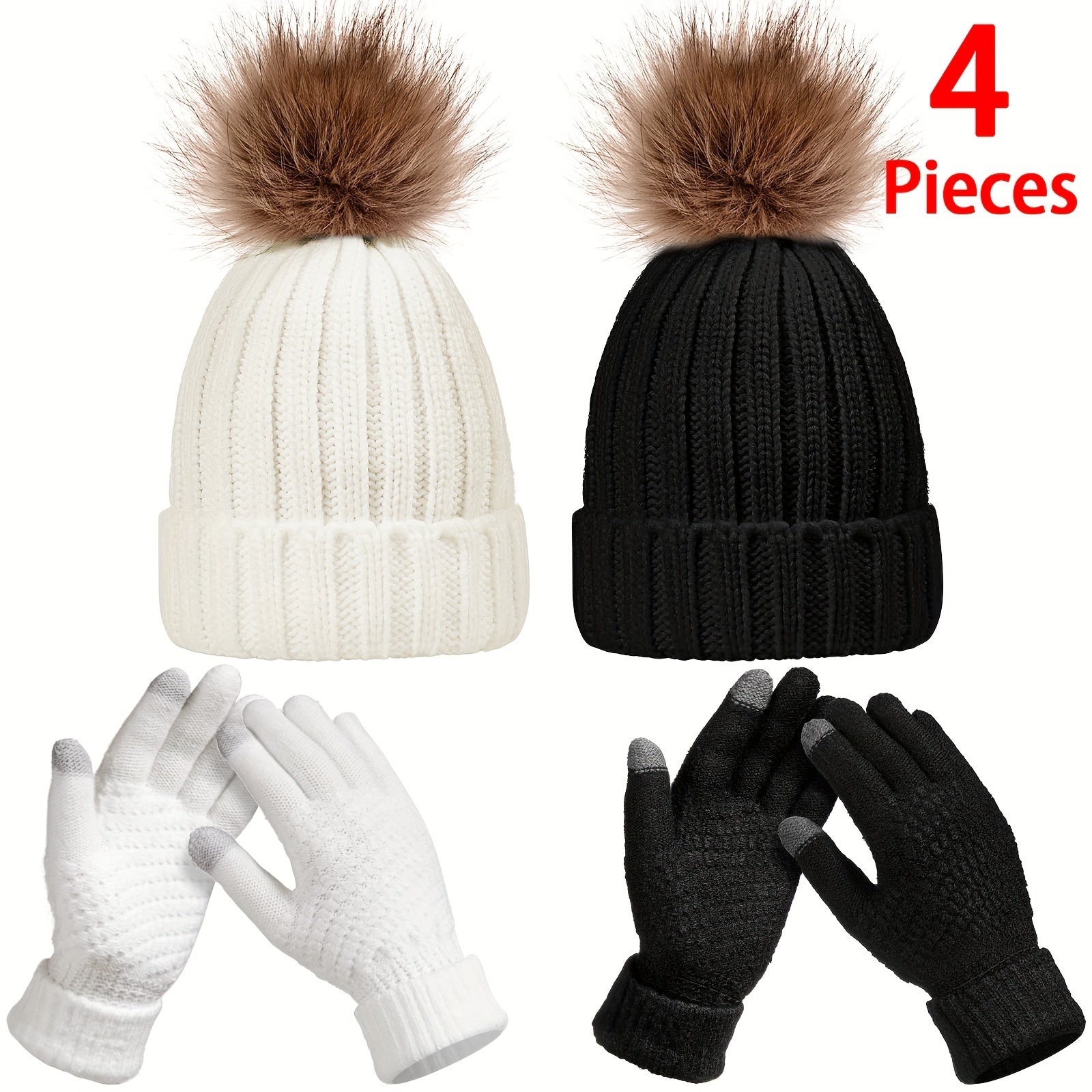 Winter Knitted Beanie Hat Glove Set Touch Screen Gloves